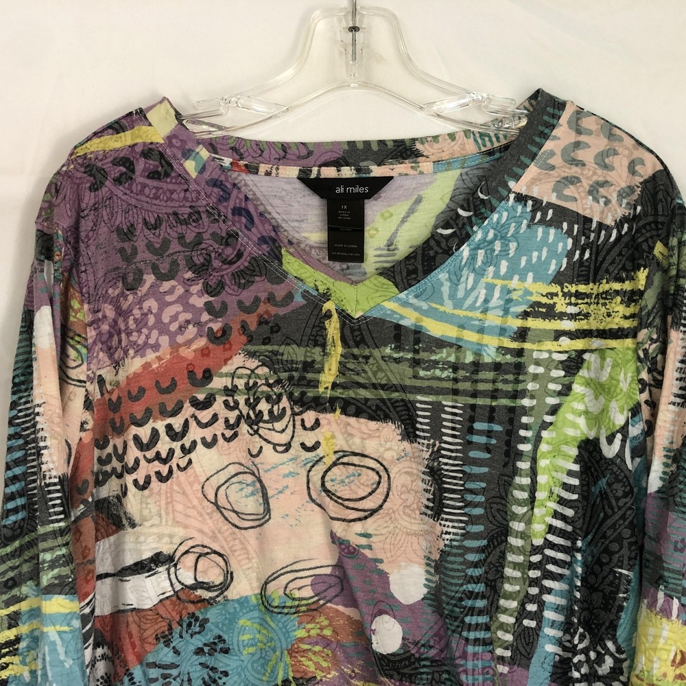 Ali Miles Shirt Womens 1X Multicolor Abstract Art Print Tunic 3/4 Sleeve Top - Picture 2 of 10
